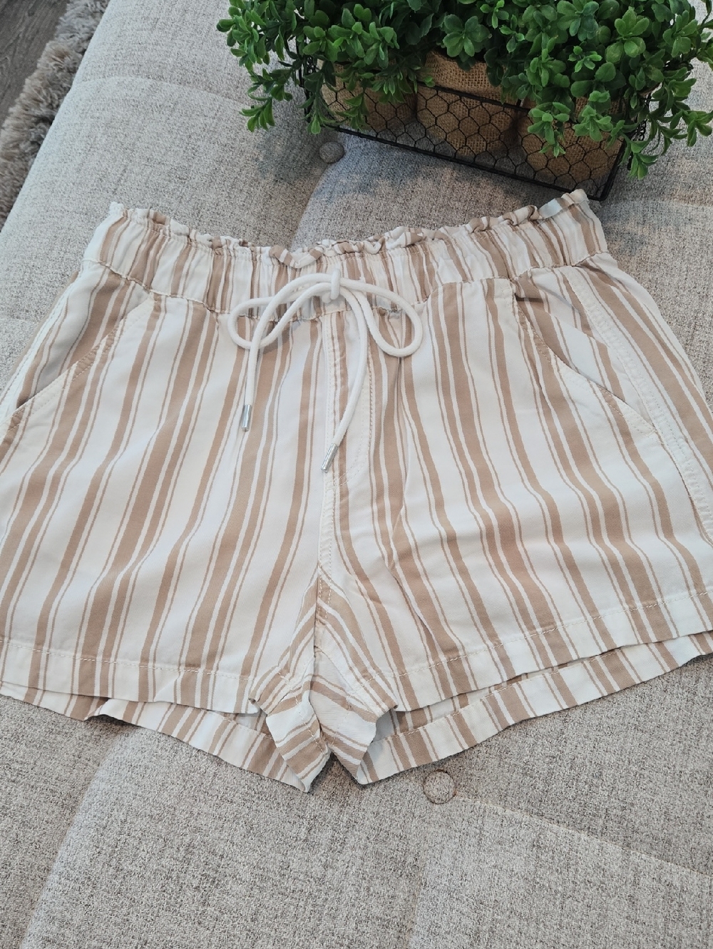 LOFT Cream and Tan Striped Pull-on Shorts - Picture 2 of 9